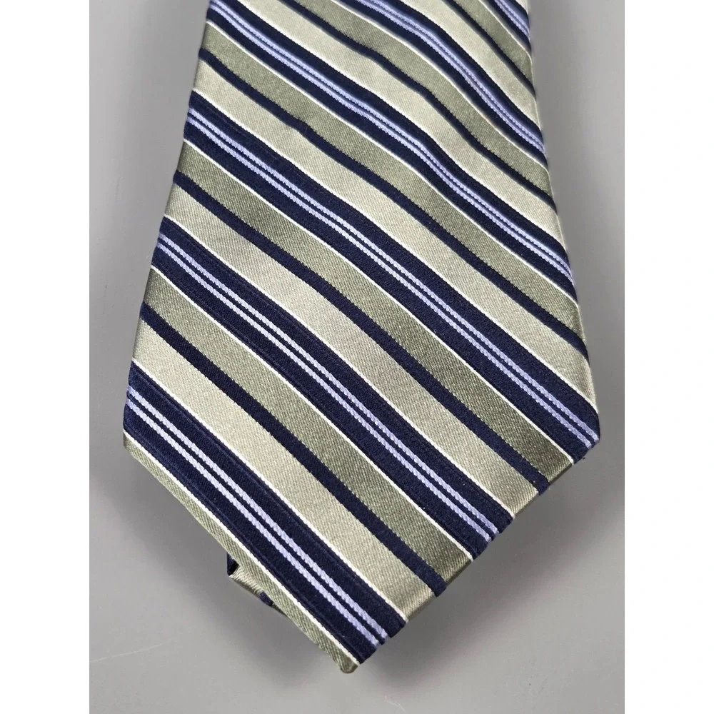 FUMAGALLI 100% Silk‎ Necktie Stripe Navy Olive Green Blue Gold